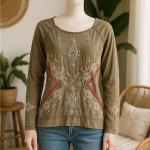 Johnny Was Embroidered Boho Top – Size S – Olive Green Aztec Tribal Design
